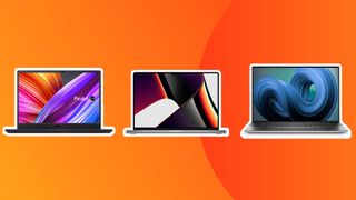 Three of the best laptops for watching movies on an orange background